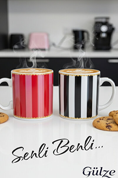 GÜLZE AURA Model Porselen SENLİ BENLİ Kupa Bardak, Özel Tasarım, 300 ml (2 Adet)