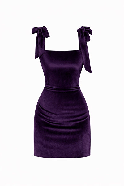 rashera Omuzdan Bağlamalı Kadife Mini Elbise – Esnek, Vücuda Oturan Form (Mor)