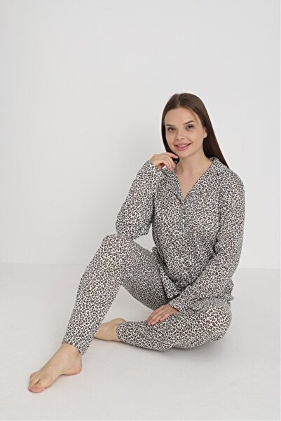 Tusebu Set de pijamale pentru femei cu imprimeu leopard nasturi – mâneci lung...
