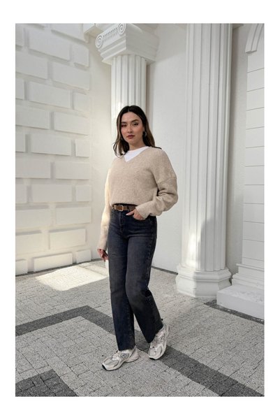 Elif Özbey Butik Kahve Yıkamalı Mavi Kesik Paça Kermerli Jean