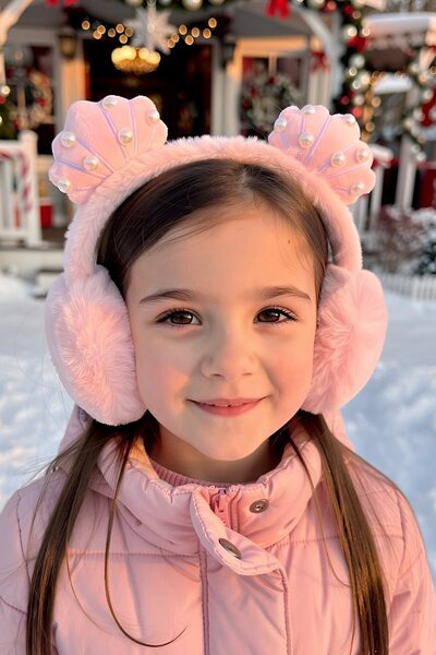 TAKIŞTIR Pembe Renk Midye Figürlü İnci Detaylı Peluş Kulaklık