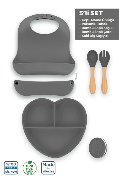 Moki مجموعة من 5 قطع من السيليكون باللون الرمادي البلاتيني / مريلة، طبق طعام،...