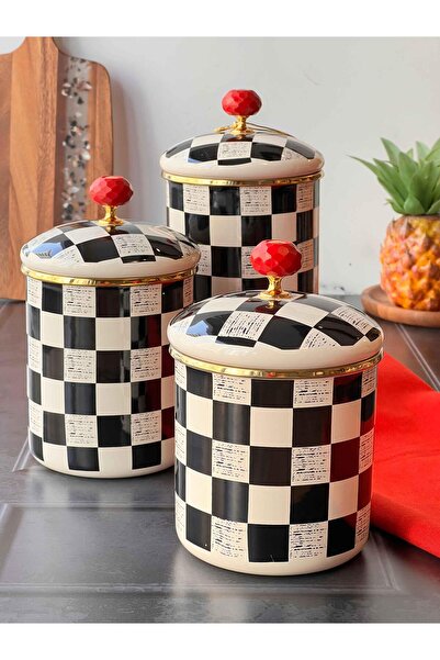 ROSSEV Dama Desen Emaye Kavanoz Set 3'lü