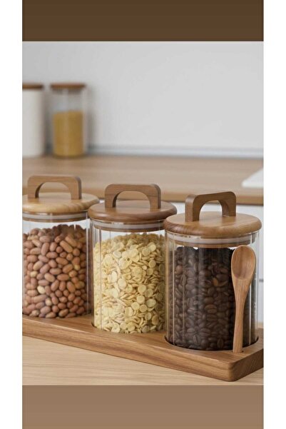 MİEN 3’lü Akasya Standlı Cam Kavanoz Seti–Kaşıklı, Akasya Kapaklı Kahve&Kuruyemiş Saklama Kabı