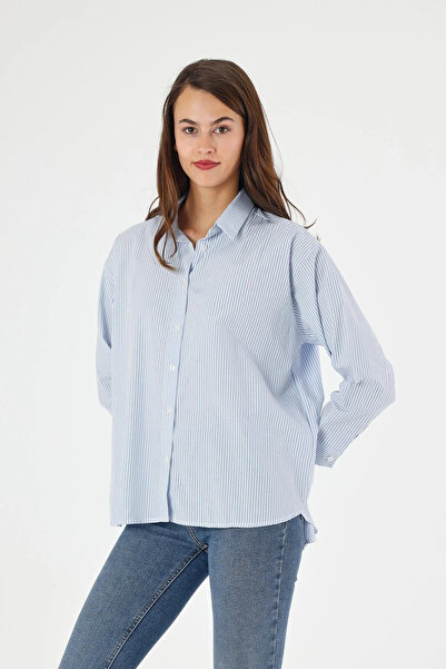 Selkar Global Women's Blue Striped Oversized Woven Shirt with Button Detail on the Back - Blue - Selkr51R86F-7T5-Mav