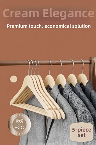 Transformacion 5-Piece Luxury Cream Clothes Hanger - Ergonomic & Non-Slip Plastic Hanger Set - Wood Look