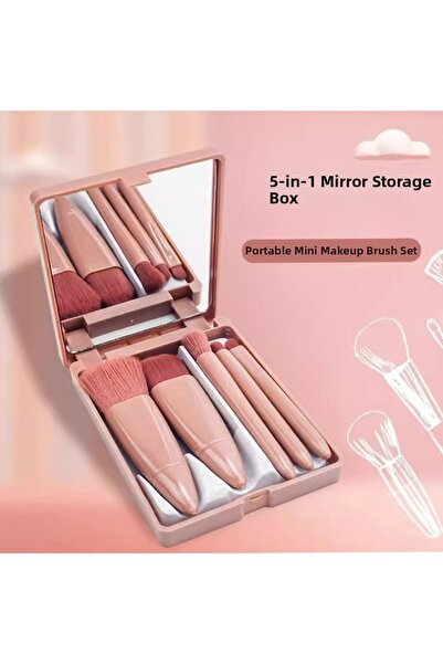 Buldug مجموعة فرش مكياج مكونة من 5 قطع مع صندوق مرآة، فرشاة صغيرة محمولة لأساس الوجه والظل والشفاه