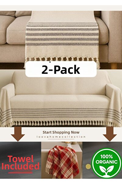 Loova Sofa Cover Set of 2 with Peshtemal Gift 100% Cotton