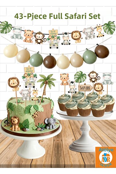 Atölye Doruk مجموعة حفلات سفاري - زينة كعكة على شكل حيوانات سفاري بألوان البا...