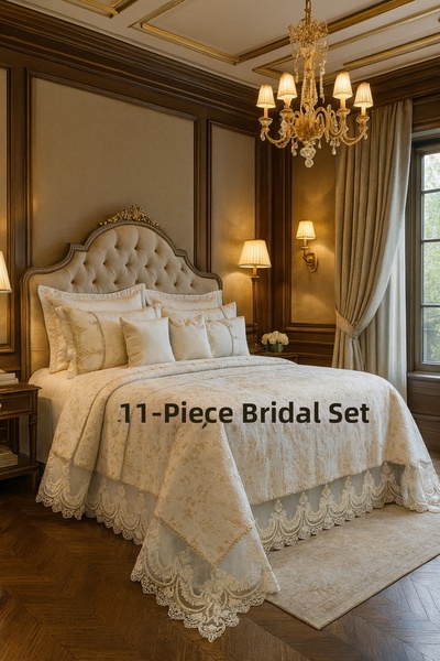 Çeyiz Bahçesi Sevdam 11 Piece Cream Dowry Bridal Set 100% Cotton