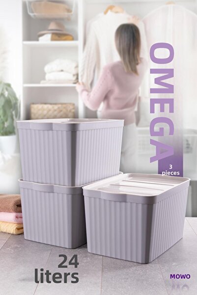 Mowo Home صندوق تنظيم متعدد الأغراض بغطاء سعة 24 لتر باللون الرمادي من ميجا، صندوق تخزين مزخرف، منظم