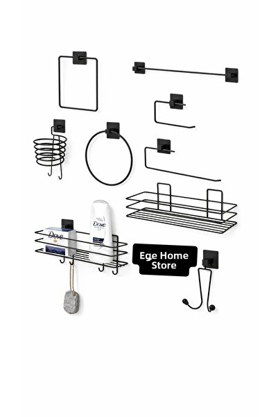 EGE HOME STORE Stainless Steel Super 9-Piece Set Black Blow-Dryer Holder Towel Rack Wc/Toilet Roll Holder Bathroom Organizer