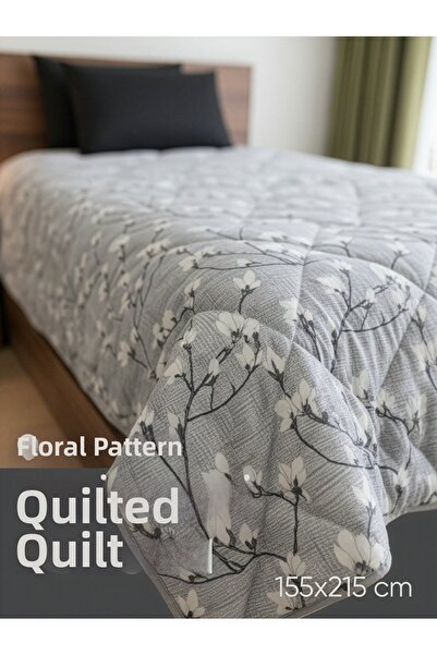 Piyes Home Quilted Gray Floral Patterned Quilt Single Size 155X215 cm