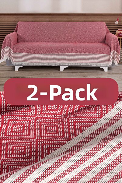 Miracolo Home 2-Piece Red Cotton Armrest Covering 310 cm Sofa Couch Bed Cover with Front Fringe Anti-Slip Design