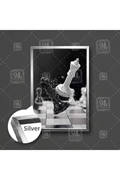 SML TABLO Μαύρο και άσπρο σκάκι με καρέκλα σκακιού και πιόνια με κορνίζα και κάθετη ζωγραφική σε καμβά