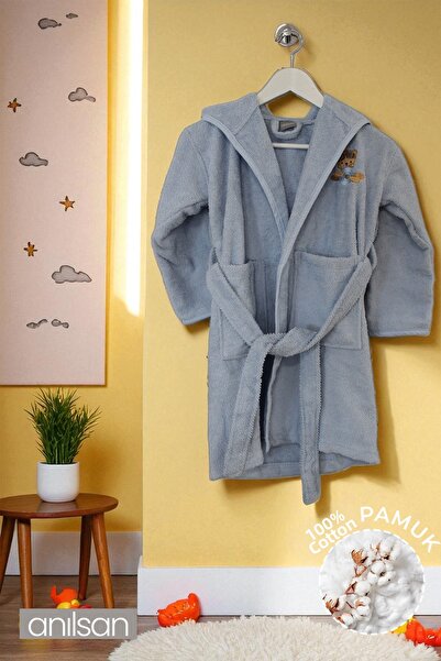 Anılsan 100% Cotton Blue Children's Bathrobe - Age 8-10 - Soft, Breathable