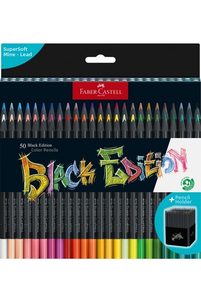 Faber Castell أقلام ملونة بلاكوود، إصدار أسود، صندوق 50 قطعة، ألوان زاهية، خطوط ناعمة، خشب أسود
