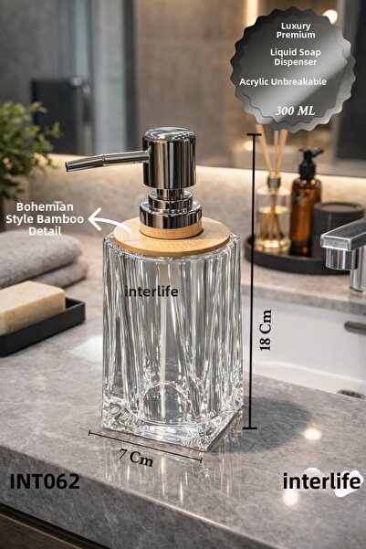 İnterlife Cut-Out Model Acrylic Glass-Looking Decorative Liquid Soap Dispenser with Pump Bathroom Accessory Gift 300 ml