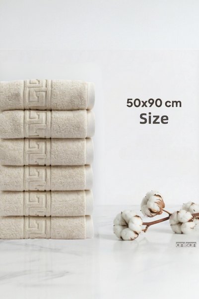 Anılsan 6-Piece Greek Cream Hand Towels - 50X90 Cm, 225 Gr, 100% Cotton, Spa and Hotel Towels