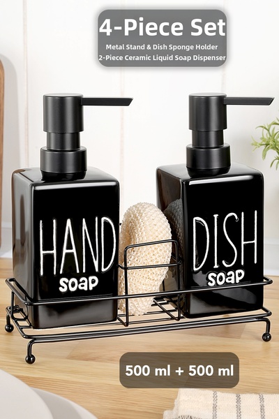 Meleni Home Set of 2 Corner Ceramic Liquid Soap Dispensers - 500 ml Dishwashing Liquid Dispenser with Metal Stand and Sponge Holder Black