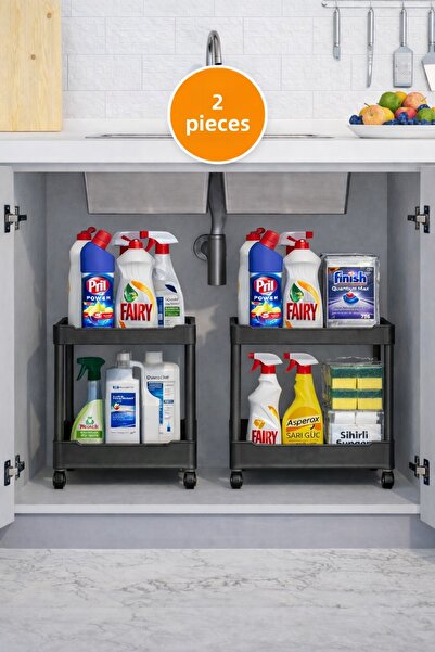 Mim Life 2 قطعة منظم بعجلات من طبقتين لحفظ المنظفات للمطبخ، رف للحمام، خزانة،...