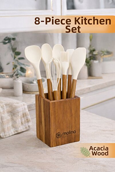naturelove 8 Piece Kitchen Utensil Set – Acacia Handle Silicone Ladle & Spatu...