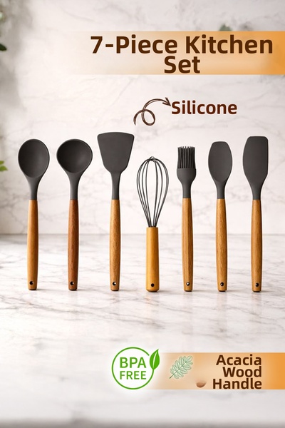 naturelove 7-Piece Serving Set - Heat-Resistant Silicone Spoon Ladle Spatula ...