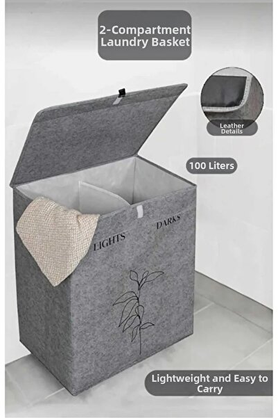 ALAS 2-Compartment Laundry Basket with Lid Leather Compact - Foldable Durable 100Lt 53 X 33 X 60 cm
