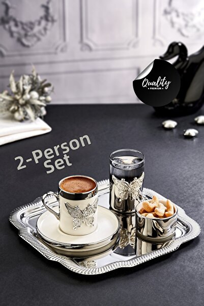 grimorlife 2-Person Silver Porcelain Cup Presentation Set with Tray and Butterfly Detail - Promise Engagement Coffee Cup
