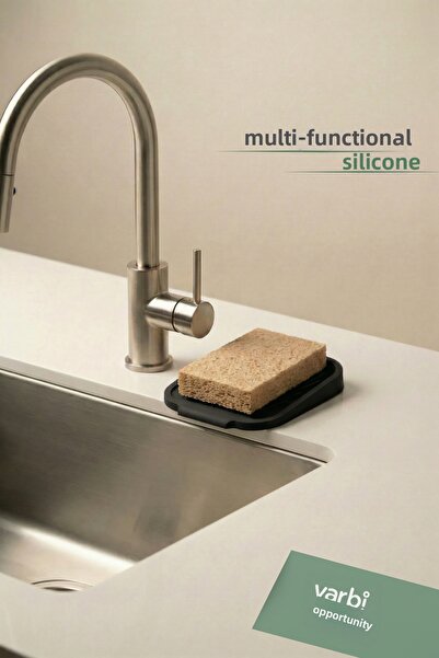 Varbifırsat Black Silicone Soap Dish with Water Drainer, Flexible Structure with Suction Cup, Bathroom Kitchen Wall Mounted Soap Sponge Container