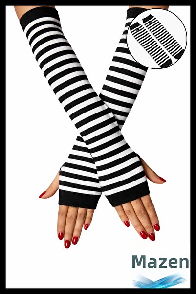 MAZEN Black and White Striped Sleeves |   Fingerless Gloves Long Arm Warmer |   Unisex Accessory