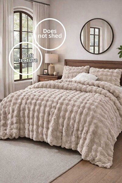 PEREN HOME طقم غطاء سرير مزدوج من الفرو الناعم الفاخر بلون بيج فاتح مقاس 240 ...