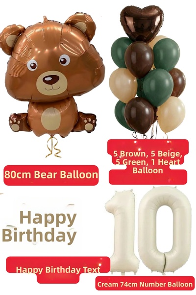 Baloncu Dede 10 Year Old Brown Teddy Bear Green Happy Birthday Letter Balloon Set Brown Green Sand Balloon Birthday Set