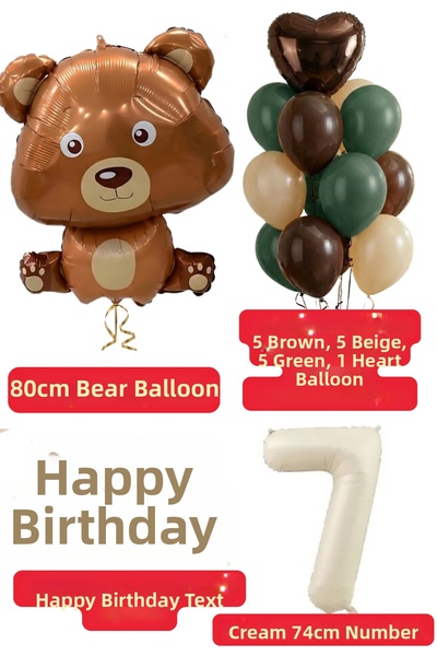 Baloncu Dede 7 Year Old Brown Teddy Bear Green Happy Birthday Letter Balloon Set Brown Green Sand Balloon Birthday Set