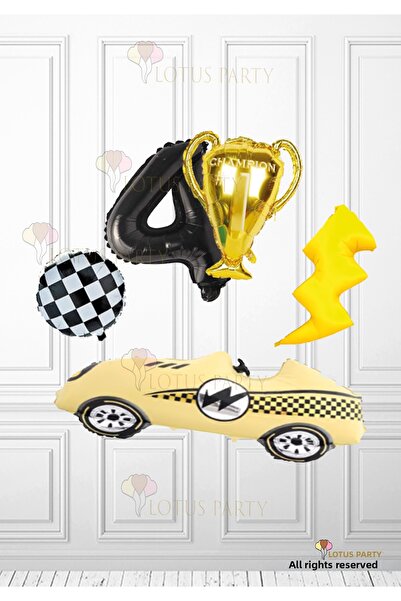 LOTUS PARTY Yellow Retro Race Car Balloon - Trophy Balloon Checkerboard Ballo...