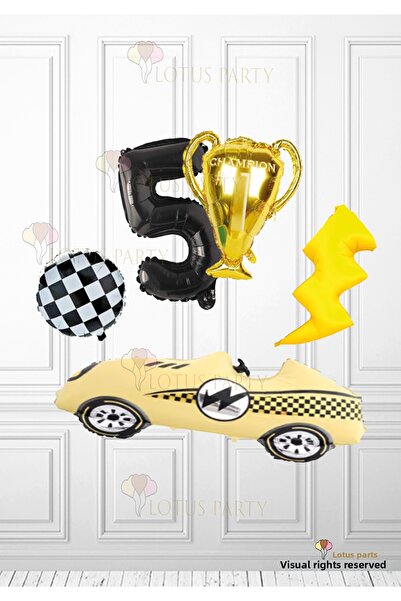 LOTUS PARTY Yellow Retro Race Car Balloon - Trophy Balloon Checkerboard Ballo...