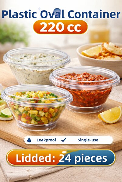 RUBİKAP Plastic Oval Bowl 220 Cc |   Disposable Food Container + Lid (24 Pieces)