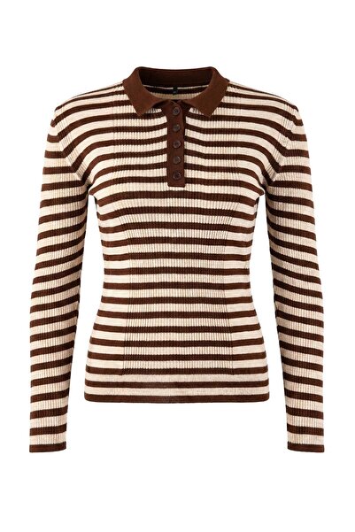 Trendyol Curve Brauner, gestreifter Basic-Strickpullover mit Polokragen, figurbetont und eng anliegend, TBBAW26AN00064