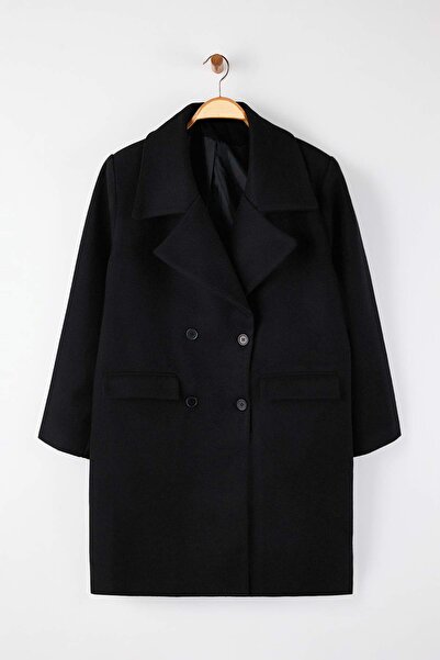 Trendyol Curve Black Double-Breasted Closed Cashmere Coat Twoaw26Dd00020