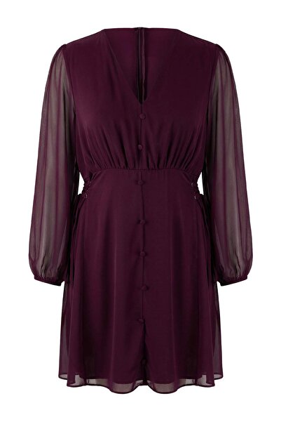 Trendyol Curve Plum Eyelet Detailed Buttoned Lined Chiffon Woven Dress Tbbaw26Ah00059