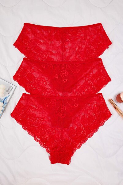Trendyol Curve Red 3-Pack Soft Lace Hipster Knitted Stretchy Plus Size Panties Tbbaw25Cm00008
