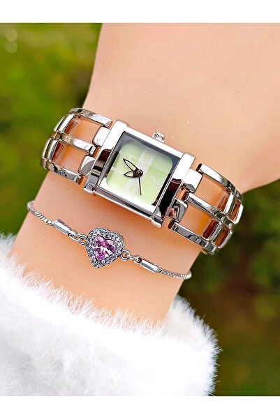 Q&Q Gümüş Renk Yeşil Kadran Vintage Kelepçeli Kadın Kol Saati 2 Yıl Makine Garantili