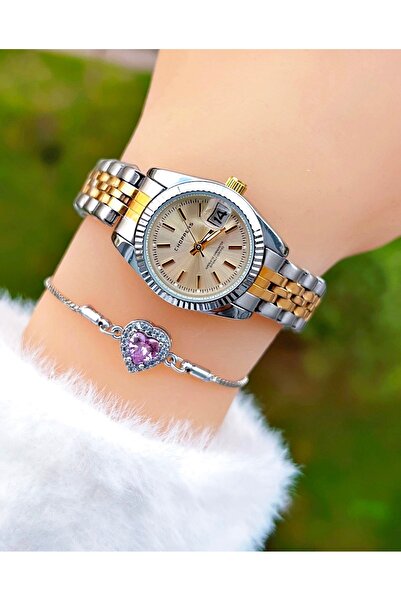 Weluxa ساعة يد نسائية ذات هيكل بسيط باللون الفضي مع تقويم