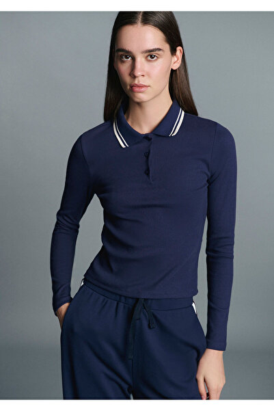 Mavi Stripe Detailed Navy Blue Polo T-Shirt Fitted / Bodycon Cut 1613836-80729