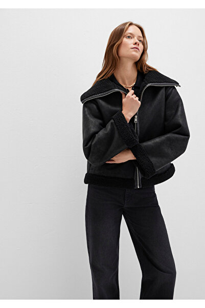 Mavi Faux Fur Detailed Black Faux Leather Jacket Oversized / Wide Cut 1110718-900