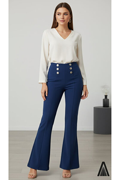 lavinsis Yüksek Bel Özel Seri İspanyol Paça Kadın Pantolon Denizci Model Düğmeli