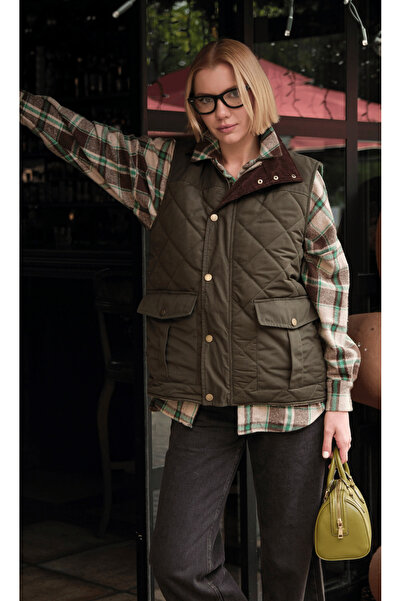 HOPE AND ME Khaki Velvet Collar Quilted Vest with Snap-Zip Detail