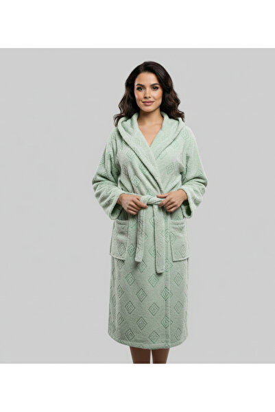 arashomecollection Organic Dyed 100% Cotton Mint Green Bathrobe Geometric Oversized Dowry Patterned Hooded Bathrobe