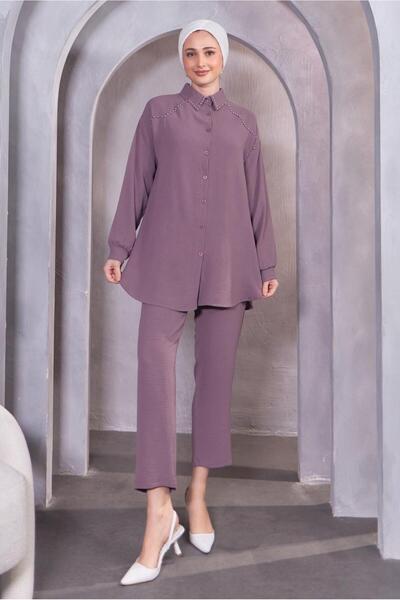 TRENDTESETTÜR KADIN MOR (LİLA) BONCUK DETAYLI PANTOLONLU TAKIM T 5093