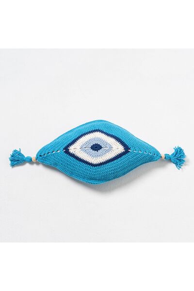 Hilaliart Blue Embroidered Evil Eye Eye Shaped Knitted Pillow - Decoration Hand Knitted